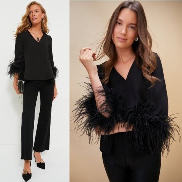 Tuckernuck Tops - Tuckernuck Black V-Neck Blouse with Feather Trim Cuffs